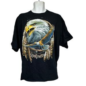 Men's DOM Bald Eagle Dream Catcher Graphic Black T-Shirt Size 2XL Short Sleeve